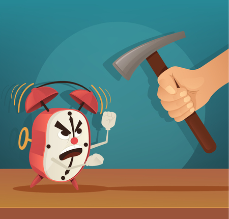 Angry alarm character. Man try broken clock. Early morning. Vector flat cartoon illustration.のイラスト素材