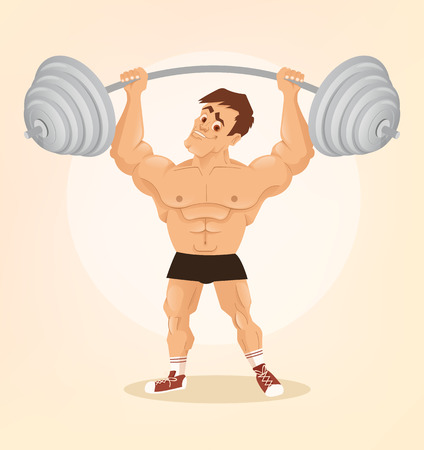 Smiling happy bodybuilder man character lifts barbell. Vector flat cartoon illustrationのイラスト素材