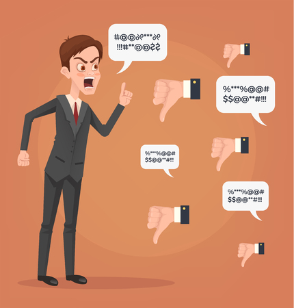 Sad unhappy unsuccessful business man office worker character mascot trying argue with haters. Negative feedback dislike. Bad comments. Vector flat cartoon illustrationのイラスト素材