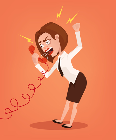 Angry business woman, office worker, consultant, character, shouting and yelling on phone. Vector flat cartoon illustrationのイラスト素材