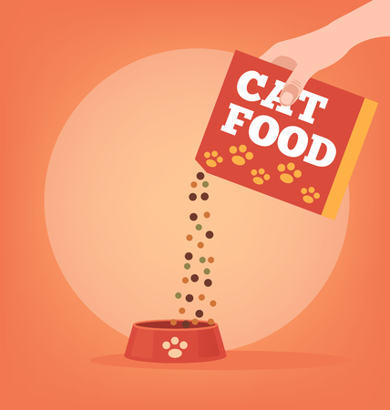 Owner hand giving cat food. Vector flat cartoon illustrationのイラスト素材