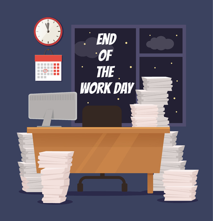 End of the day. Empty office. Vector flat cartoon illustrationのイラスト素材