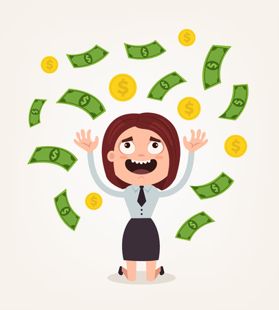 Happy smiling young woman with money flat cartoon illustrationのイラスト素材