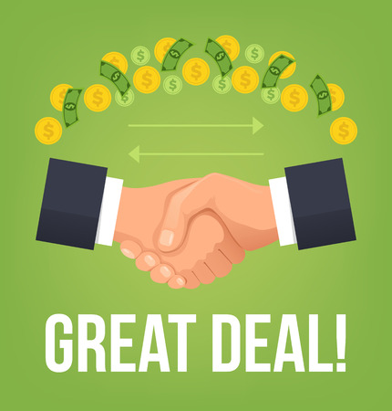 Shaking hands. Great deal making money business concept. Vector flat cartoon illustrationのイラスト素材