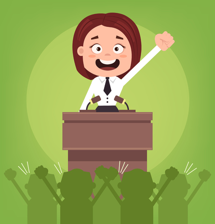 Happy smiling businessman office worker politician woman speaking from rostrum. Vector flat cartoon illustrationのイラスト素材