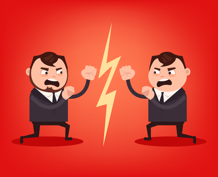 Two angry office workers character quarrel and fight. Teamwork concept. Vector flat cartoon illustration.のイラスト素材