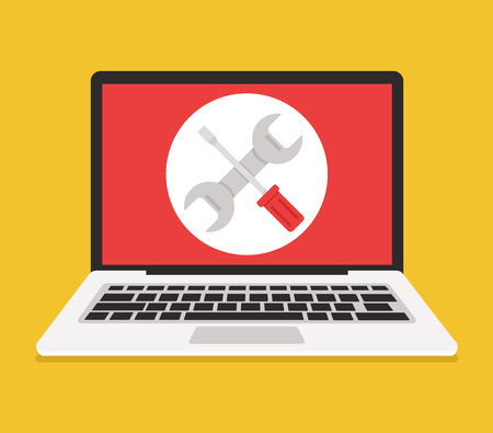 Computer flat cartoon icon with wrench and screwdriver. Computer repair services, support illustrationのイラスト素材