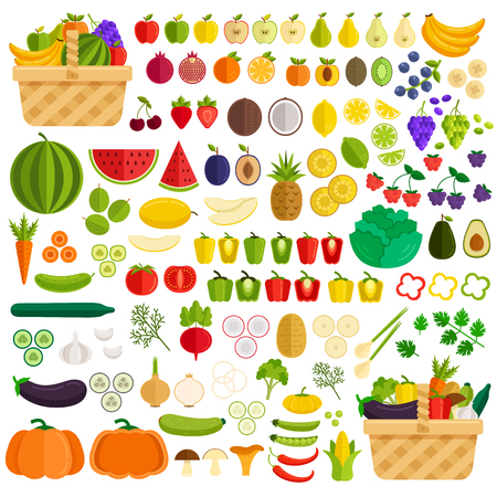 Vegetables and fruits. Ingredients in basket. Vector flat cartoon illustrationのイラスト素材