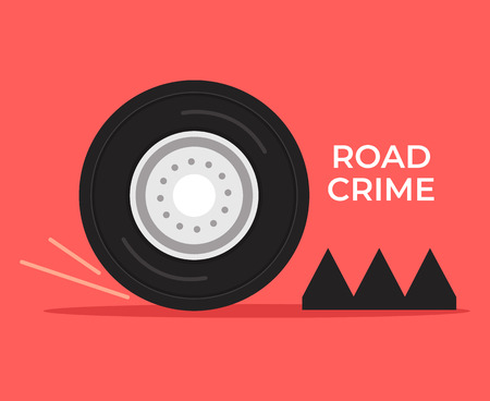 Stop crime car with spike strip. Road crime concept. Vector flat cartoon illustrationのイラスト素材