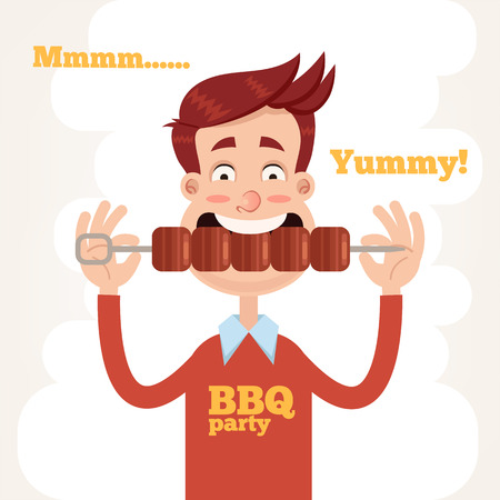 Happy man eating grilled tasty barbecue.のイラスト素材