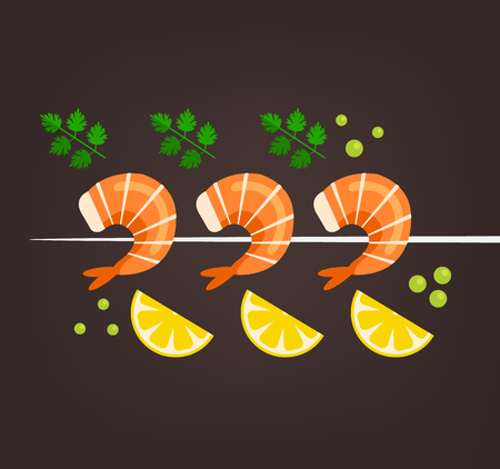 Tasty fresh cooked fried shrimps with lemon slice and paprika.のイラスト素材