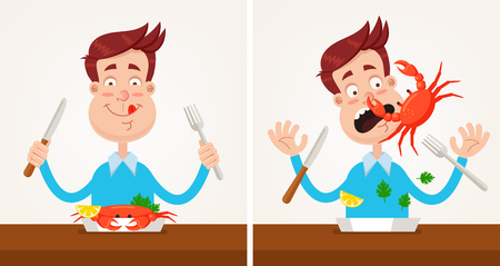 Happy smiling man gourmet character gourmet crab dish and holding knife fork. Crab attack and bite nose. Cooking sea meat food dish. Vector flat graphic design cartoon illustrationのイラスト素材