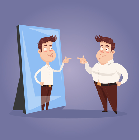 Fat narcissist positive confident office worker businessman looking at mirror and see slim attractive sporty athlete thin man in reflection. Motivation dream goal. Vector flat cartoon graphic design isolated illustrationのイラスト素材