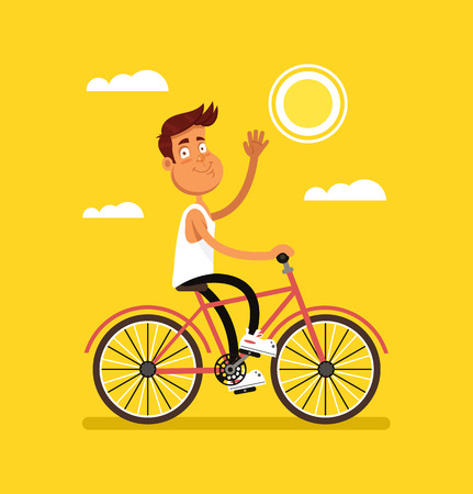 Happy smiling man bicyclist biker character riding bicycle and waving hand say hello. Sport healthy active lifestyle. Vector flat graphic design isolated illustrationのイラスト素材