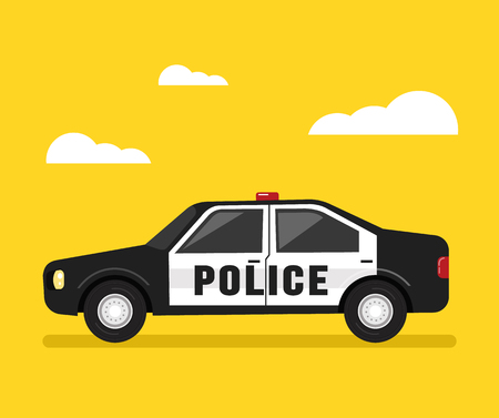 Black and white police officer. Automobile security government concept. Vector flat cartoon design graphic isolated illustrationのイラスト素材