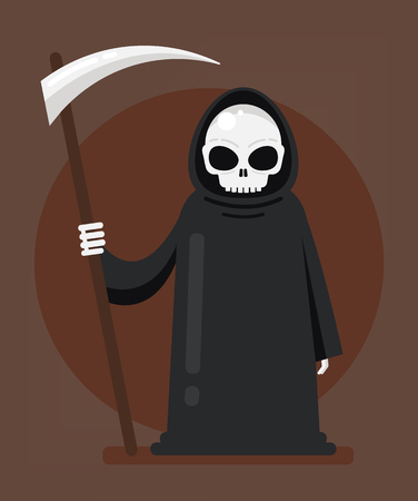 Grim Reaper Death character mascot standing and holding scythe. Halloween hell fate destiny concept. Vector flat cartoon isolated design graphic illustrationのイラスト素材