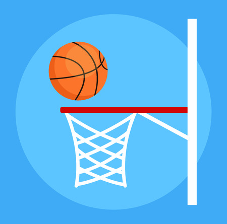 Basketball ball falls into basket net. Sport play game. Vector flat cartoon isolated design graphic illustrationのイラスト素材