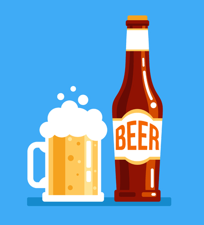 Bottle and mug of fresh tasty dark white beer. Alcohol pub holiday elements. Vector flat cartoon isolated design graphic illustrationのイラスト素材