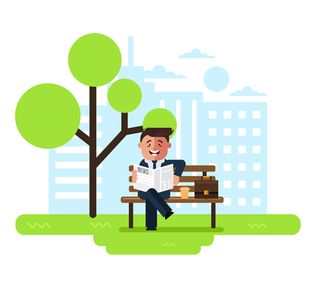 Happy smiling businesswoman working at desk. Summer time coffee break concept. Vector flat cartoon graphic design isolated illustrationのイラスト素材