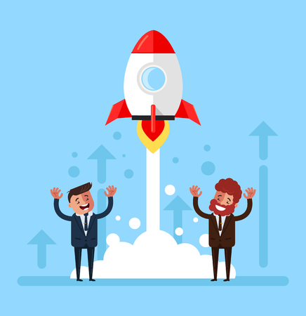 Happy smiling group of people. Start up new project concept. Vector flat cartoon graphic design isolated illustrationのイラスト素材
