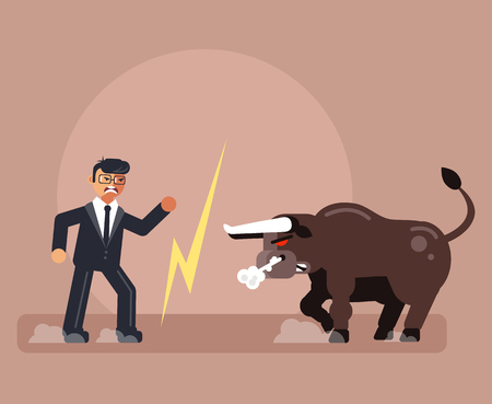 Brave businessman office worker broker character vs angry bull. Controlling business investment concept. Vector flat cartoon graphic design isolated illustrationのイラスト素材