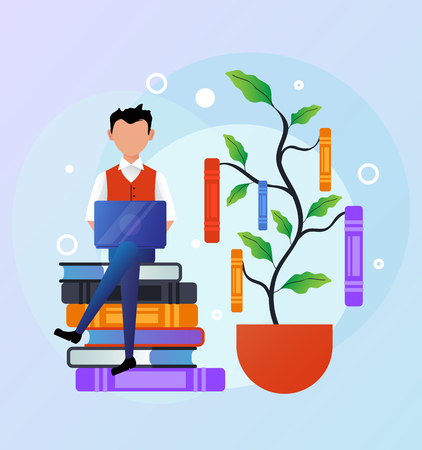 Happy smiling man sitting on a laptop. Online education training courses specialization class university concept. Vector flat cartoon isolated banner illustrationのイラスト素材