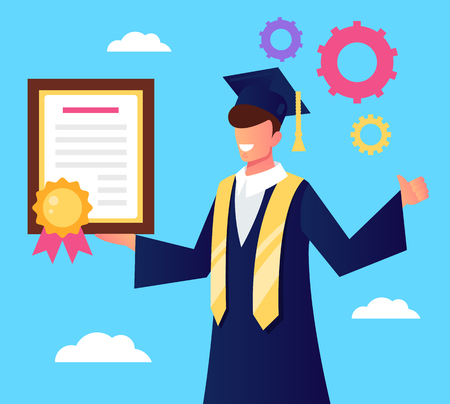 Happy smiling university student. Education future work concept. Vector flat cartoon graphic design illustrationのイラスト素材