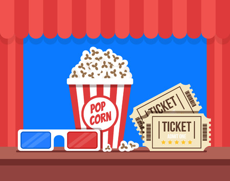Pop corn, tickets, glasses and movie glasses. Cinematograph banner poster concept. Vector flat cartoon graphic design back view illustrationのイラスト素材