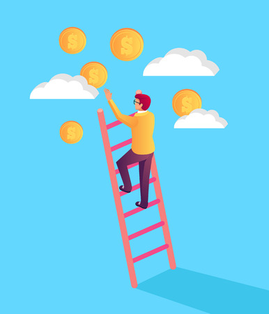 Businessman office worker in gold coins. Success business concept. Vector flat cartoon graphic design illustrationのイラスト素材