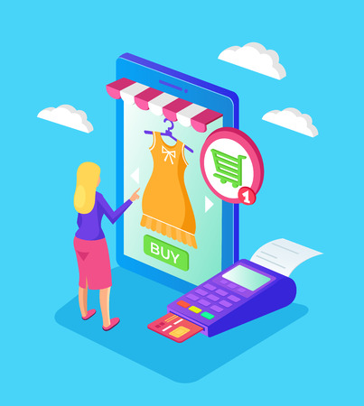 Consumer woman character choosing and buying a dress dress button. Online e-commerce purchasing business concept. Vector flat cartoon graphic design isolated illustrationのイラスト素材