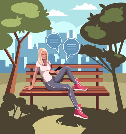 Young woman student character sitting on a bench in a park. Modern communication technology. Vector flat cartoon graphic design isolated illustrationのイラスト素材