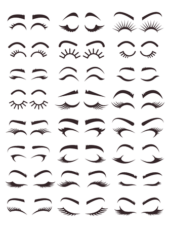 Different types of variation of eyebrows and eyelashes models. Black line icons illustration isolated graphic design set. Beauty industry conceptのイラスト素材