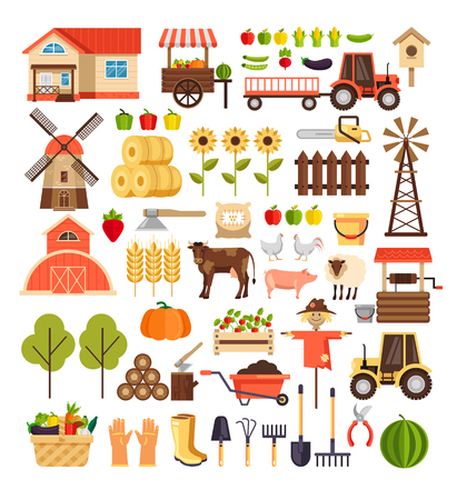 Agriculture farming harvesting nature agronomy design graphic flat cartoon sign symbol icon isolated setのイラスト素材