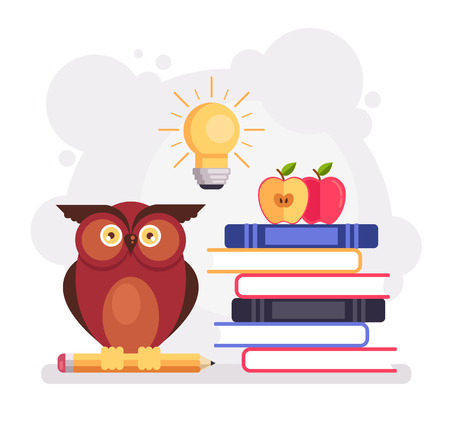 Owl character sitting on pencil near pile of books. Education school university knowledge wisdom concept. Vector flat cartoon isolated graphic design illustrationのイラスト素材