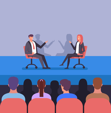 Press conferees business training concept. Two successful people character discussion. Trending class hall vector flat graphic design illustrationのイラスト素材