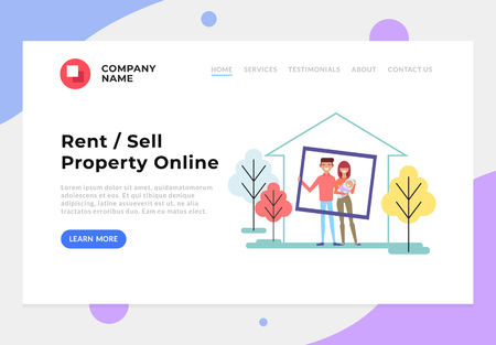 Happy smiling family buying house. Sale and rent property. Vector flat cartoon graphic design banner poster conceptのイラスト素材
