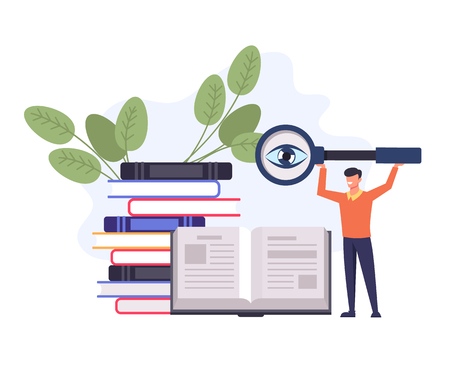 Student man character searching knowledge. Education learning concept. Vector flat cartoon design graphic isolated illustrationのイラスト素材