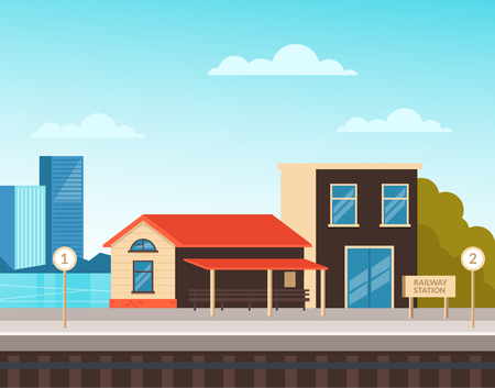 Railway city country station. Urban town transportation concept. Vector flat cartoon graphic design illustrationのイラスト素材