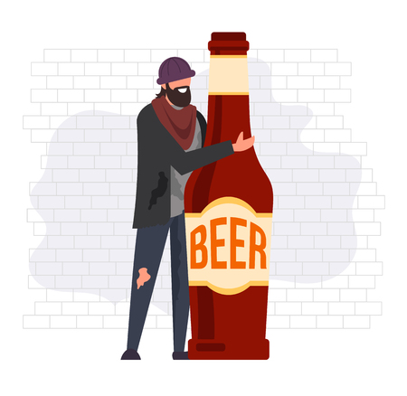 Homeless man alcoholic character hug bottle of beer. Alcohol habit abuse concept. Vector flat graphic design cartoon illustrationのイラスト素材