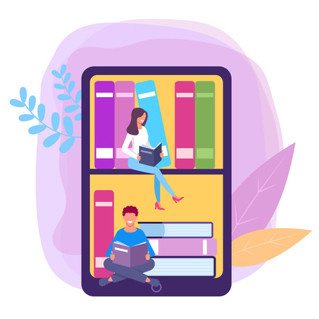 People student reading book on smartphone. Online internet library concept. Vector flat graphic design isolated illustrationのイラスト素材