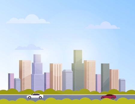City town panorama skyline skyscraper concept. Vector flat cartoon graphic design banner poster illustrationのイラスト素材