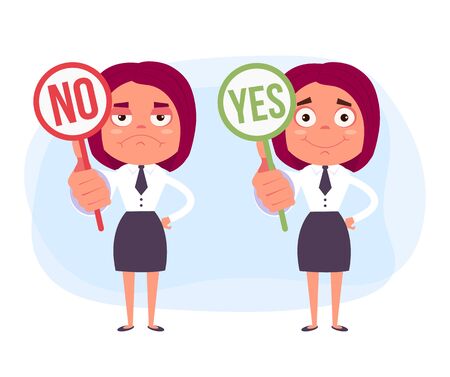 Women characters holding yes no sight. Vector flat cartoon design graphic illustrationのイラスト素材
