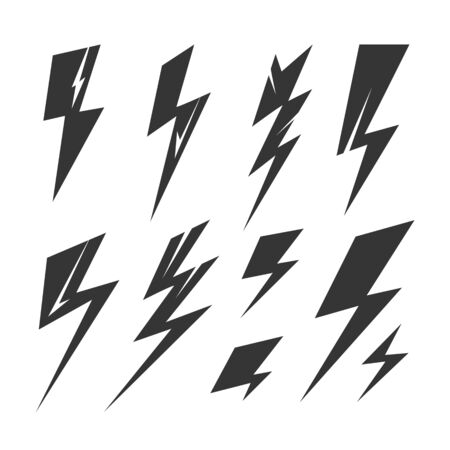 Lightning bolt isolated black silhouette set. Vector flat graphic design illustrationのイラスト素材