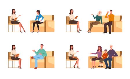 People patients talking to psychologist character. Group therapy concept. Vector flat graphic cartoon illustration designのイラスト素材
