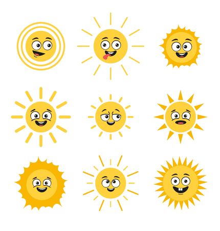 Happy smiling sun characters comic isolated set collection. Vector flat cartoon graphic design illustrationのイラスト素材