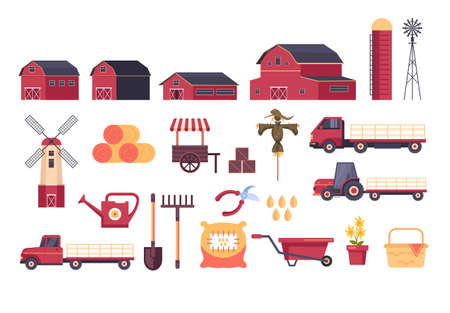 Farm tools equipment element isolated set. Vector flat graphic design cartoon illustrationのイラスト素材