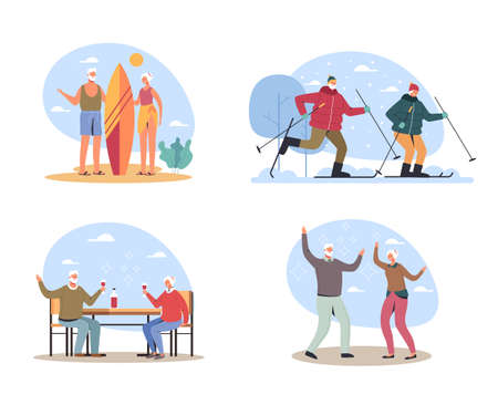 Elderly people couple man woman character having good time and activity vacation, vector flat cartoon graphic design illustration setのイラスト素材