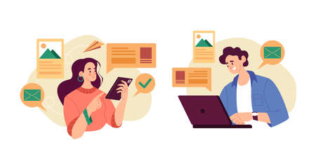 Man woman characters using smartphone and laptop. Vector graphic design abstract illustration setのイラスト素材