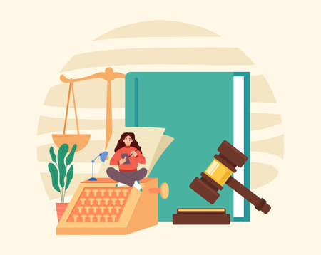 Law book scale document gavel government authority judgment justice concept. Vector graphic modern style design illustrationのイラスト素材