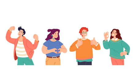 People man woman boys girls characters with positive emotions and gesturing set. Flat illustration graphic design conceptのイラスト素材